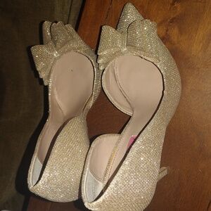 Betsey Johnson Glittering Gold Heels with Bow.  Excellent Condition!